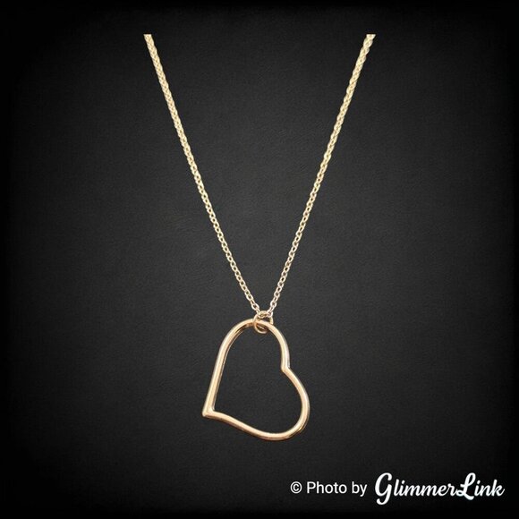 Minimalist Open Heart Pendant Necklace & Long Dangle Earrings Gold Tone Set - Picture 3 of 7